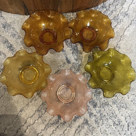 Vintage Italian Colony Amber Waffle Glass Ruffled Fruit Dessert Bowls Lot 1960s - Picture 2 of 13